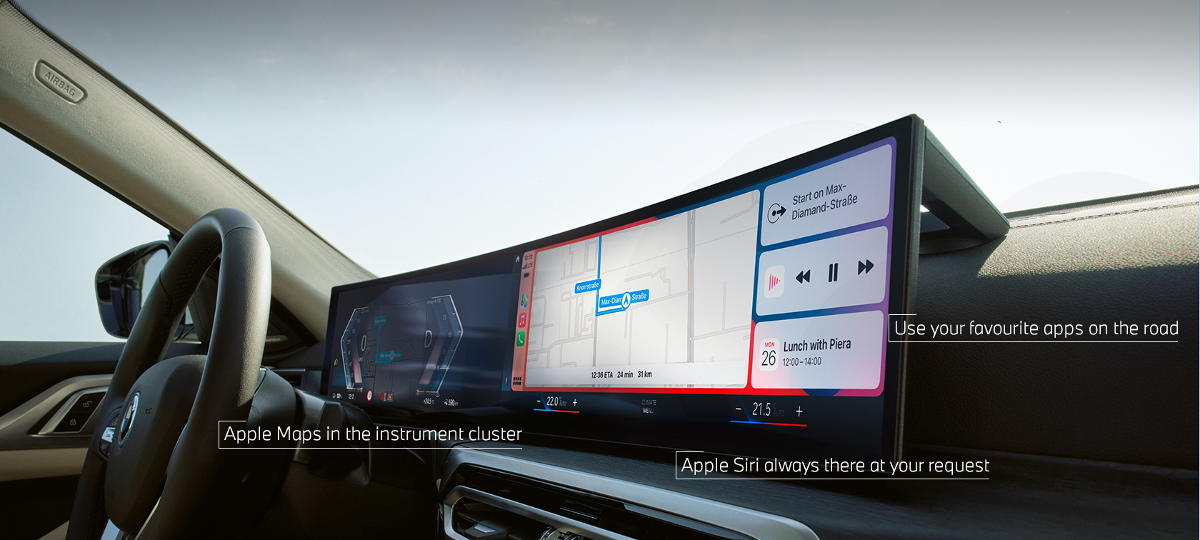 Apple CarPlay® meniu išlenktame BMW ekrane Apple CarPlay® meniu išlenktame BMW ekrane iš BMW <i>ConnectedDrive</i>